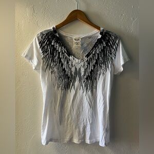 White Graphic Tee with Black Feather Design